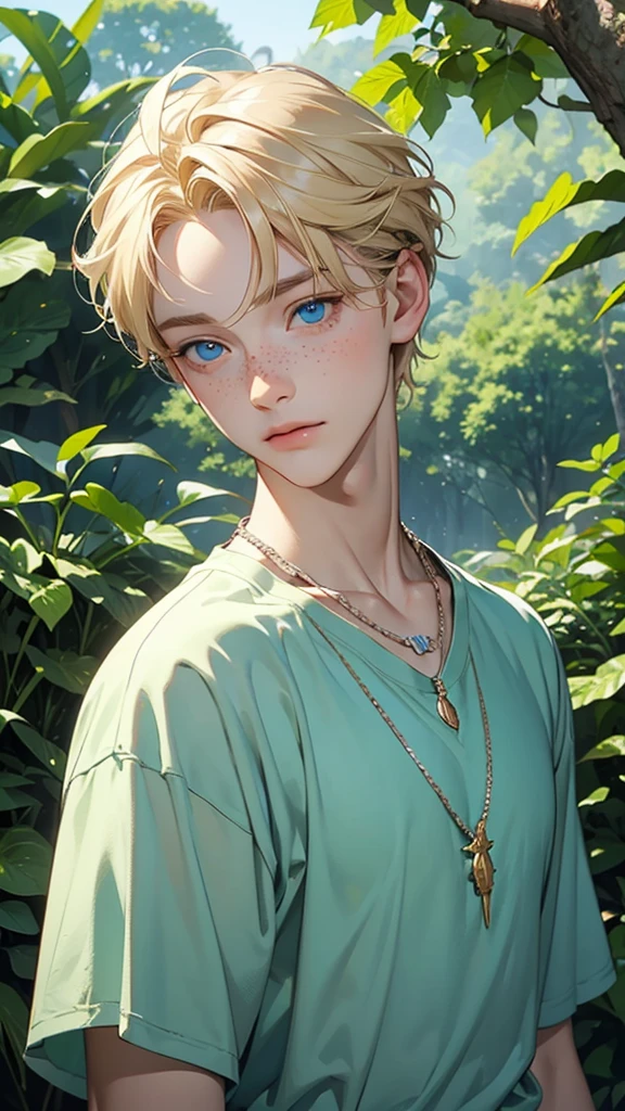 A blonde boy with blue eyes and freckles wearing a necklace with an emerald as I said and a forest in the background 