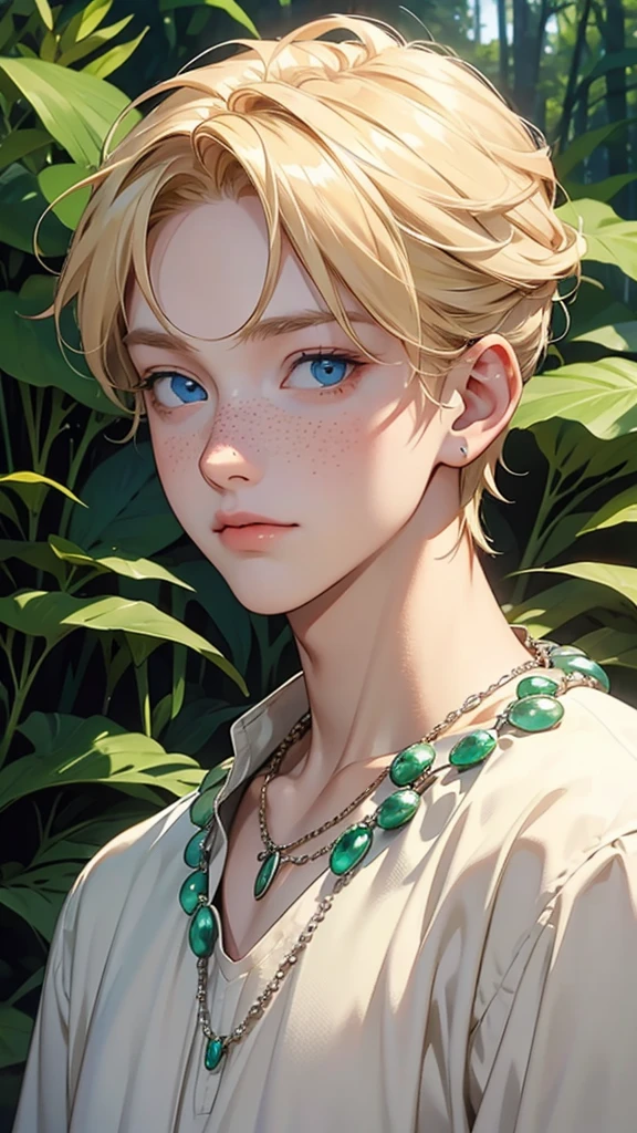 A blonde boy with blue eyes and freckles wearing a necklace with an emerald as I said and a forest in the background