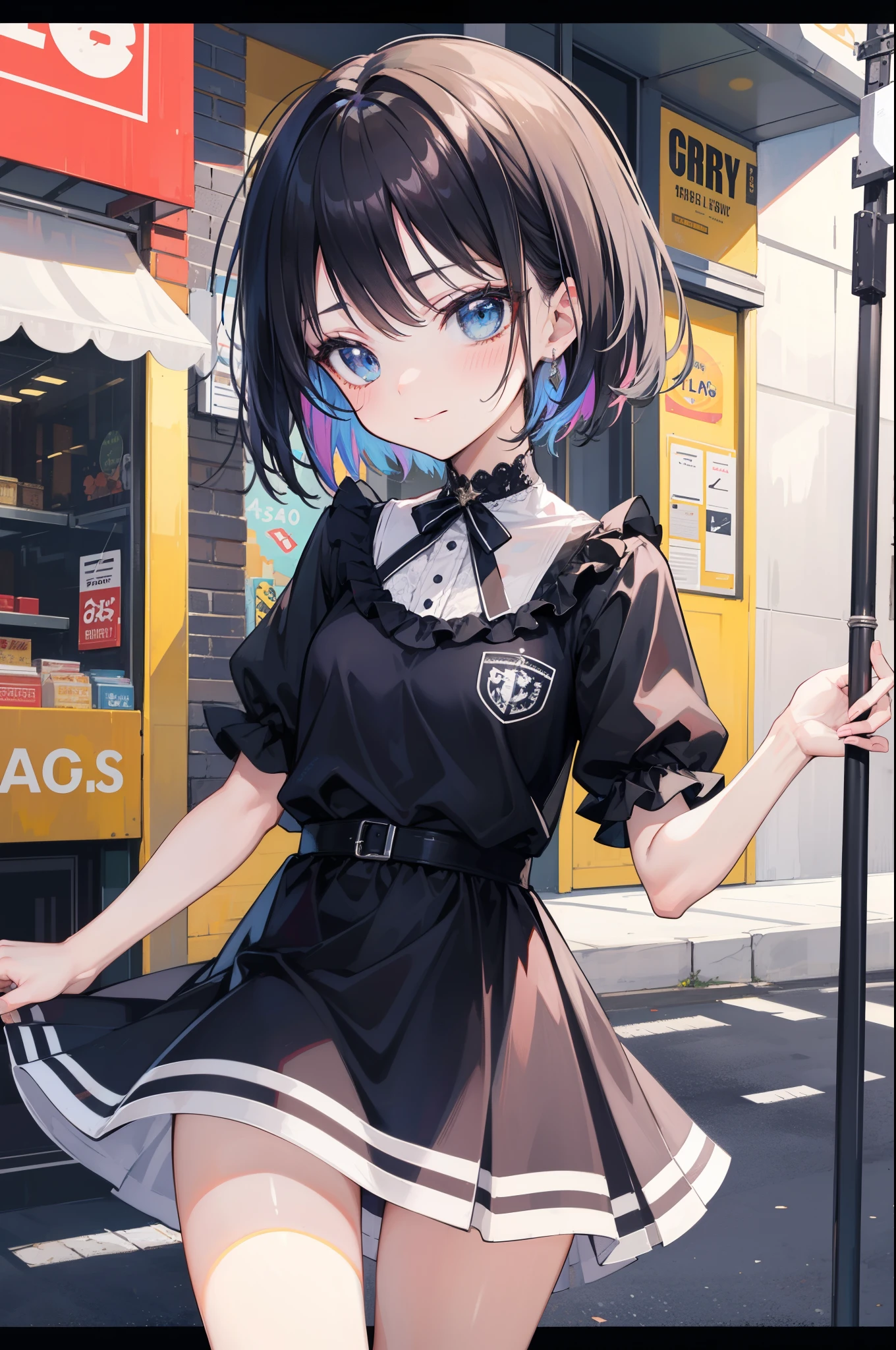 (perfection:1.1), (flawless:1.1), (best quality:1.2), (highest quality:1.2), urban street, 1girl, solo, (loli:1.2), (child:1.1), cute dress, colorful dress with dark and bright colours, (sexy smirk:1.1), (blushing:1.1), colorful hair, short hair, small breasts, athletic body, highest quality eyes, highly detailed, 4k, best resolution, high quality shadows, beautiful quality light, best quality upscale, most beautiful upscale