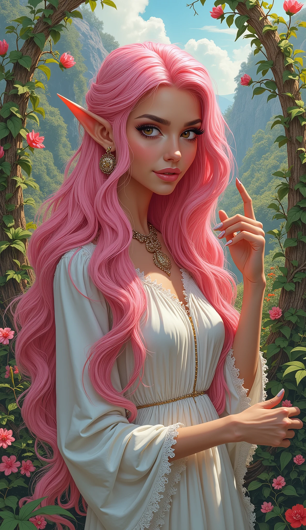 (zendaya:Evangeline Lilly) [woman:Plant:15], (masterpiece:1.4, best quality), (intricate details), unity 8k wallpaper, ultra detailed, beautiful and aesthetic, (surrealism:1.4), affinity for plants, can control their growth, shape, and even communicate with them, manipulate their thorns and vines, command them to perform specific tasks, long hair, pink hair, pointy ears