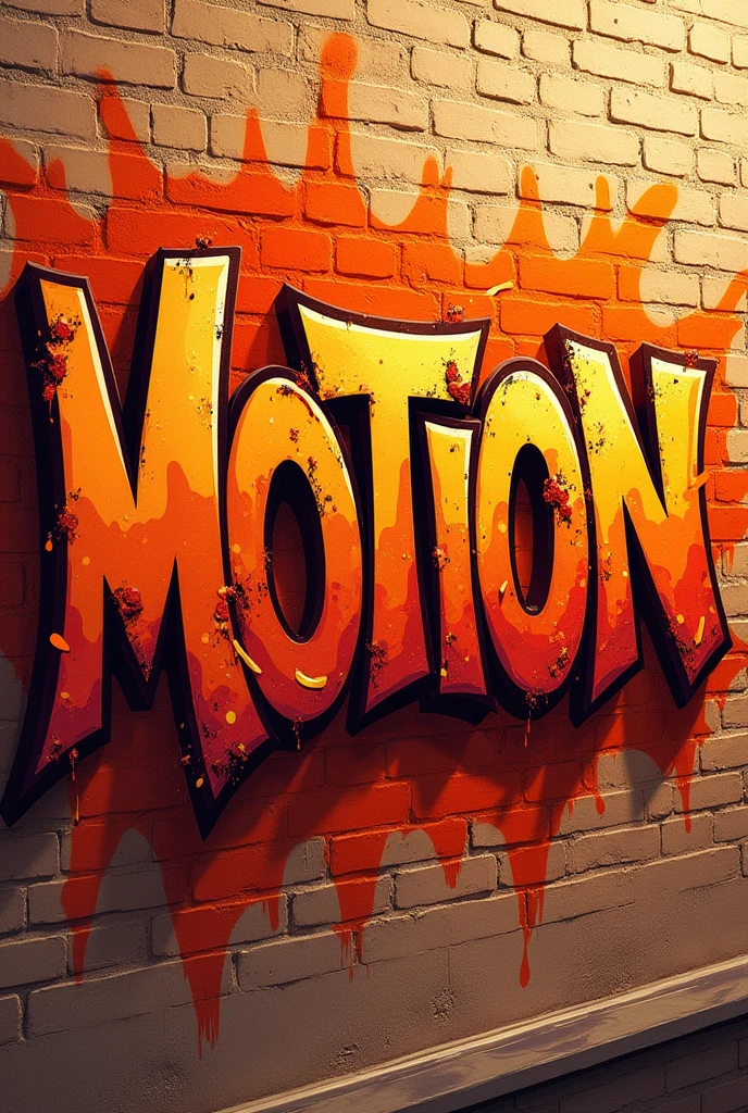 name MOTION written in street graffiti style paint without any people, photo in digital art mode with predominant orange color