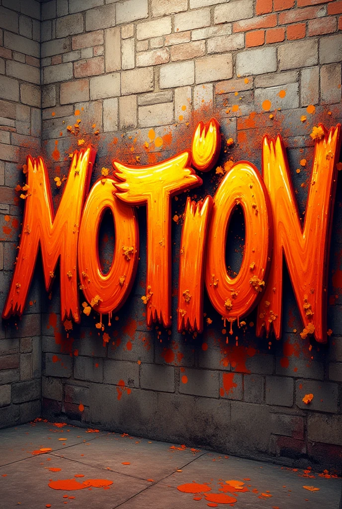 name MOTION written in street graffiti style paint without any people, photo in digital art mode with predominant orange color