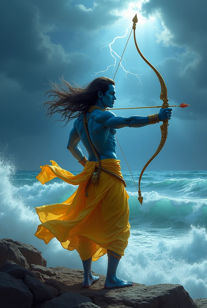 Lord Ram Ji (fit body, blue colour, middle hair, shooting arrows in the sky with a bow in his hand, bright lights in his full body, wearing yellow clothes) standing on the sea shore, shooting dancing arrows in the sky, lightning is flashing in the sky, dark clouds are looming, looking towards the sea.Lord Ram Ji (fit body, blue colour, middle hair, shooting arrows in the sky with a bow in his hand, bright lights in his full body, wearing yellow clothes) standing on the sea shore, shooting dancing arrows in the sky, lightning is flashing in the sky, dark clouds are looming, looking towards the sea,dark seen 
