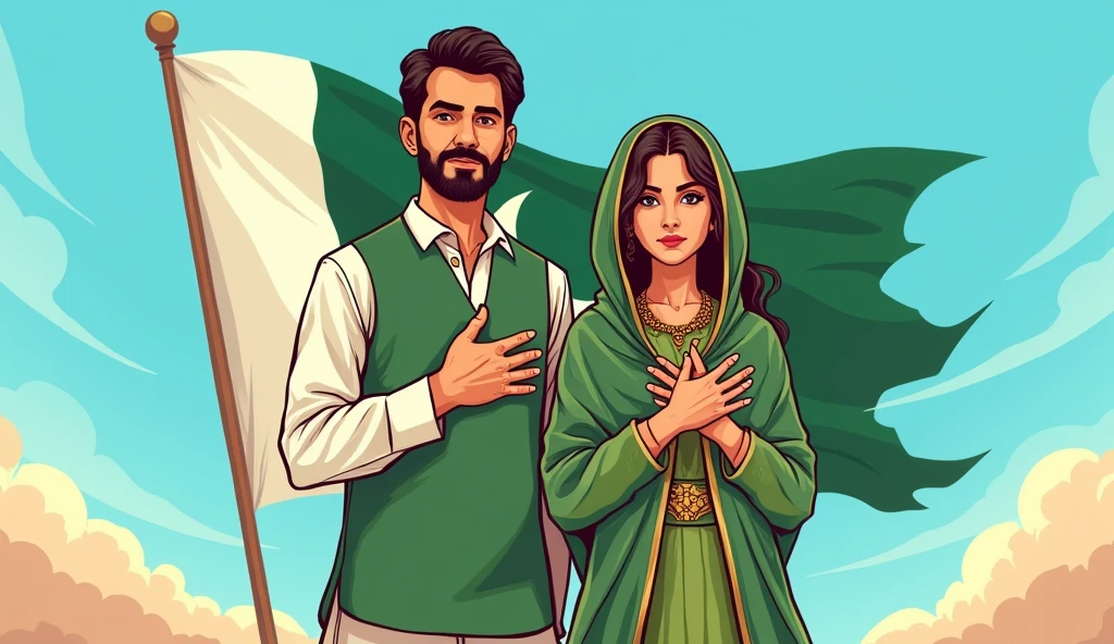 Ali and Sarah, now looking more serious and determined, standing together with their hands over their hearts, as they make a promise to love and protect their country. In the background, the Pakistani flag waves majestically:in cartoon shape