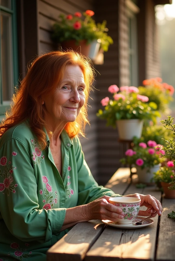 An elderly woman with reddish brown hair and a green shirt
