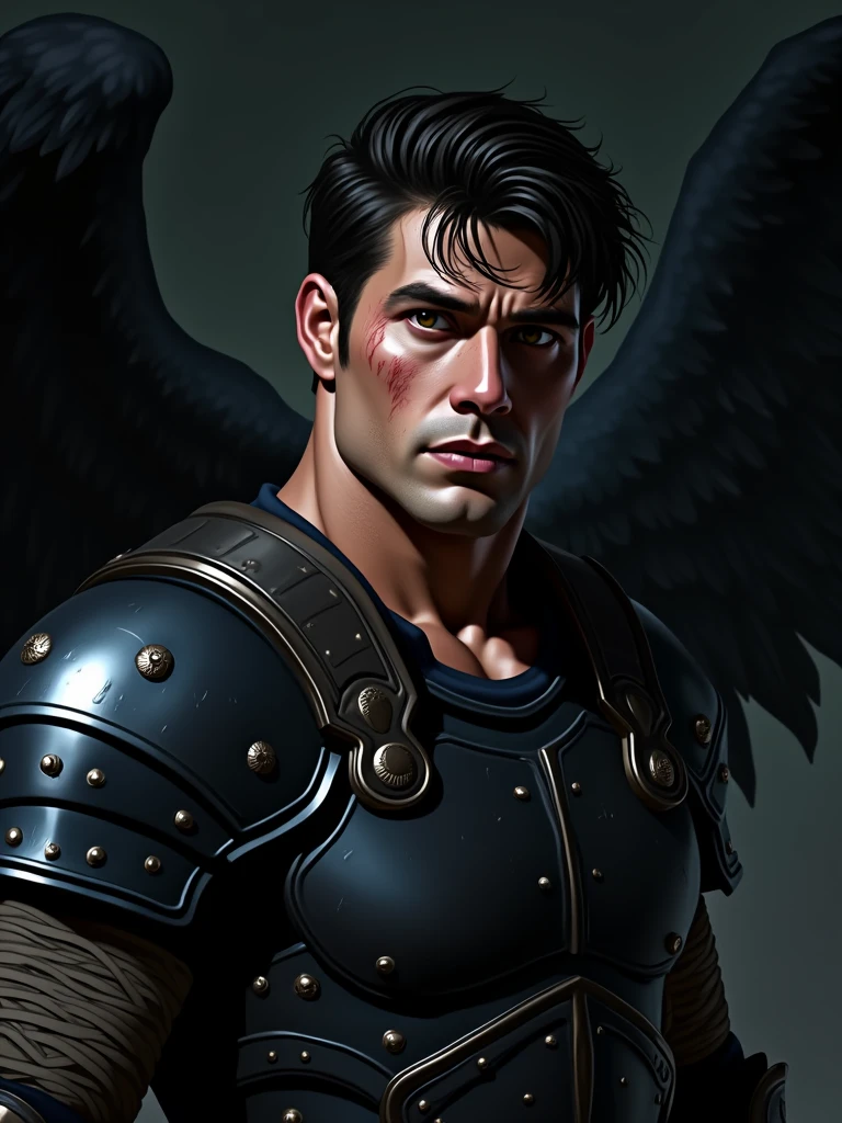 a muscular man in black armor with bandages, facing the viewer, with manly features, scars and wounds, smooth skin, sharp focus, illustration, guts (berserk), dark angel wings, cinematic lighting, dramatic pose, hyper detailed, oil painting, photorealistic, chiaroscuro, muted colors, moody atmosphere