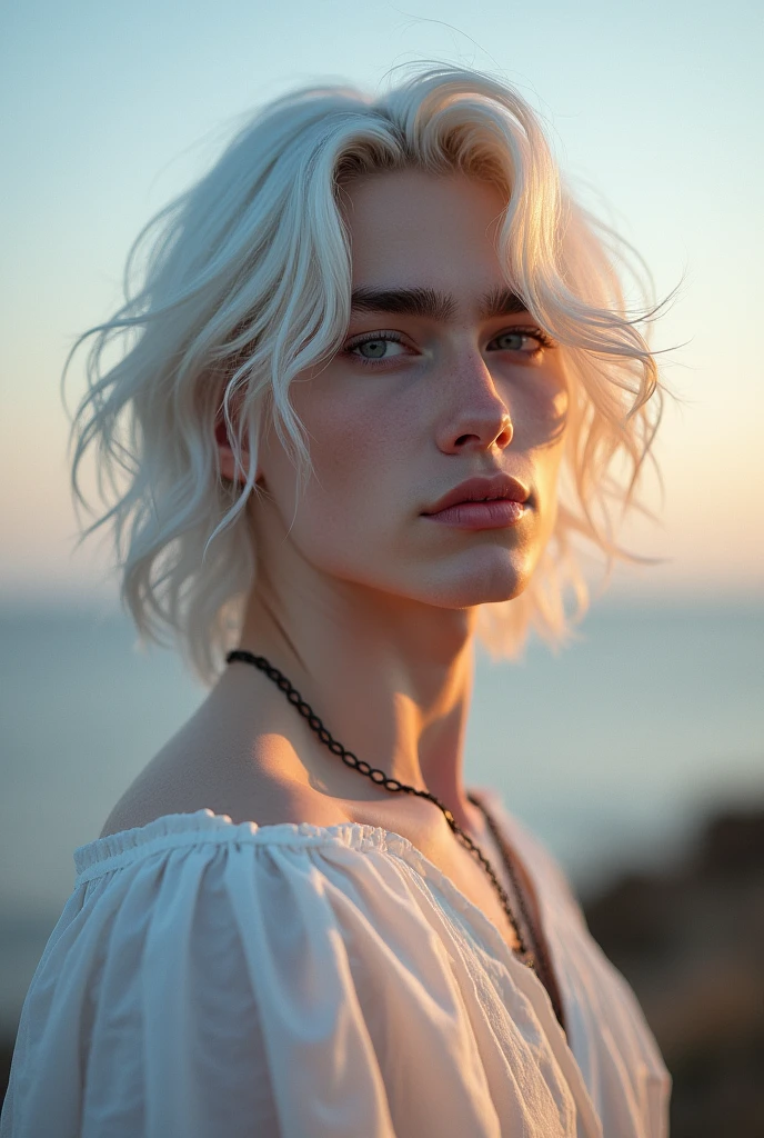 Young man with medium-length white hair with golden highlights, very pale skin, faded blue eyes, medium sized lips, lightly colored, Fine features, elegant and tall.