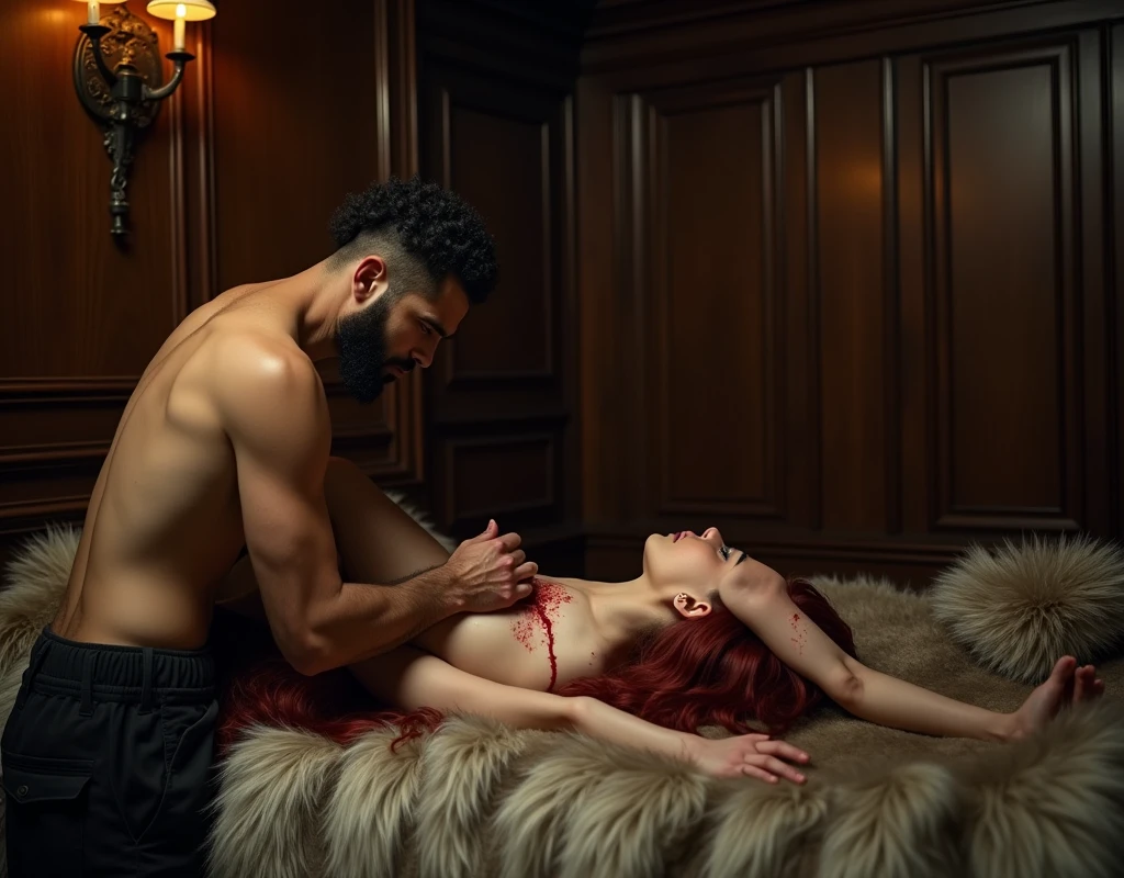Small pale-skinned woman, open bleeding wound on rib cage, vibrant maroon hair, black bra and black shorts, lying supine on large fur-covered bed, 209 cm tall, 29-year-old fit attractive man with black short layered swept-back wavy crew cut hair, short black facial hair, shirtless, Mediterranean-Native American features, black cargo pants, intense expression, fingers inside her bleeding wound, dimly lit underground basement, dark wood paneling, photorealistic, cinematic.