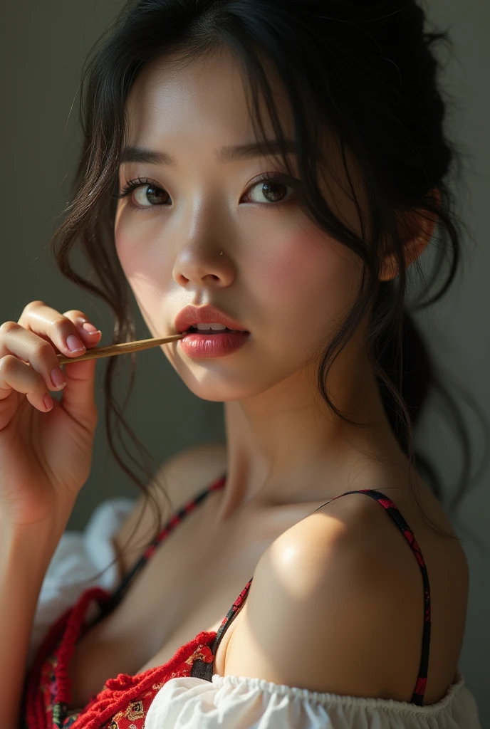 A Chinese girl with a very open vulva sticking a stick in her pussy