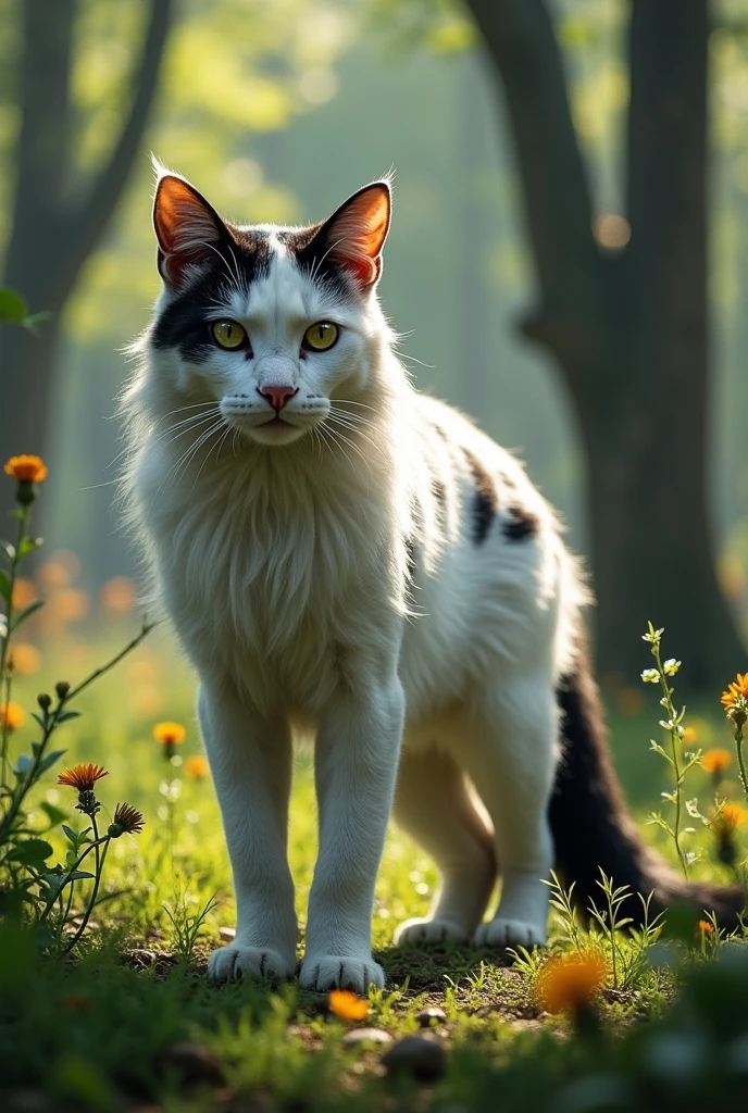 Warrior cats she cat with yellows eyes and a big black splotch around her eyes long white fur black splotches all over her body and a long black tail