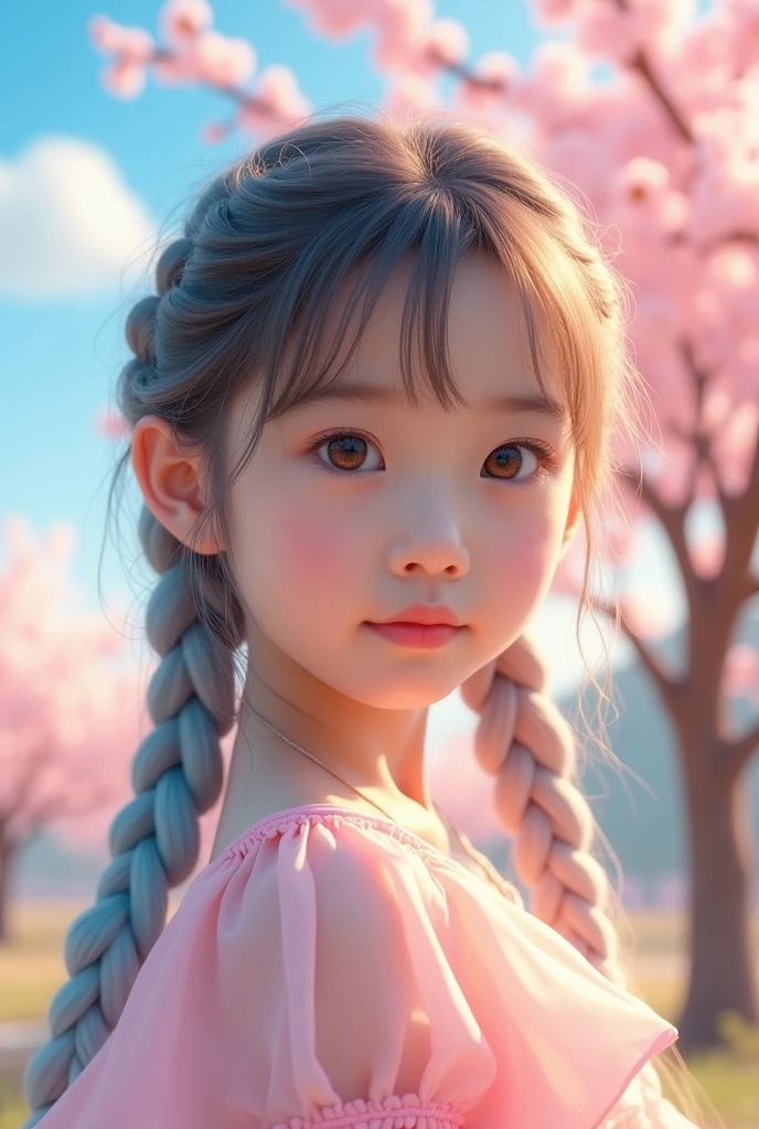 Korean young girl with light pink and light blue braided hair. Wearing see through bra and panties. With Brown eyes. 