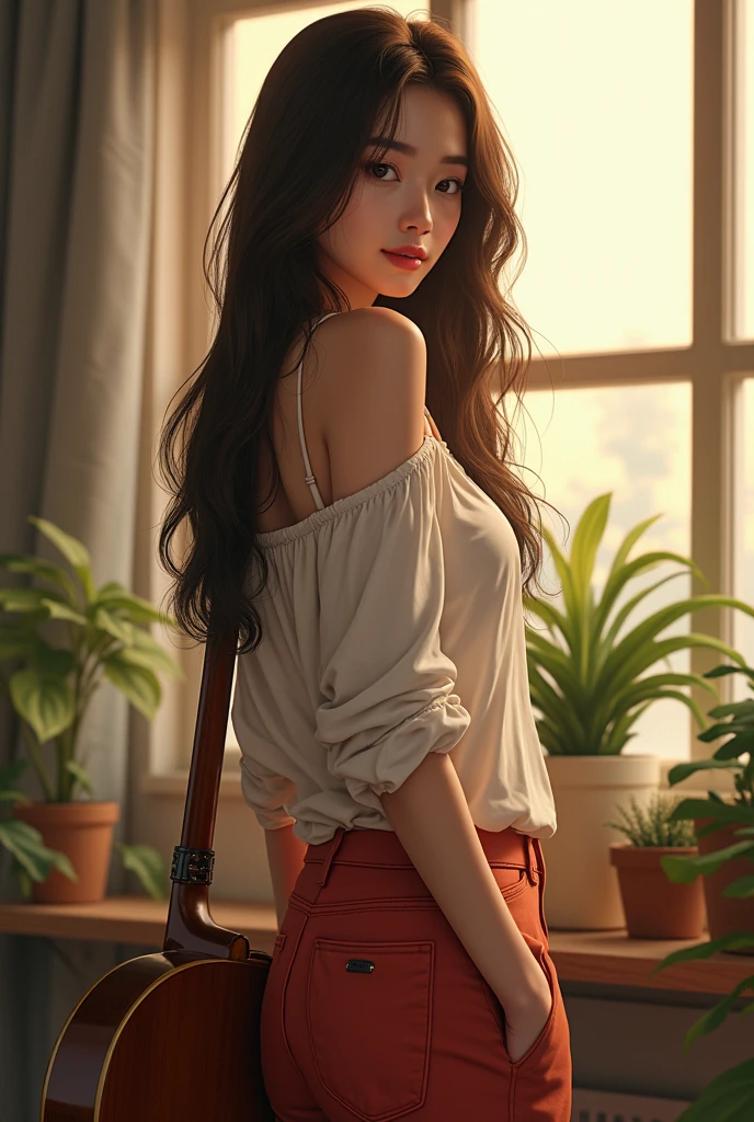 (photorealism:1.2), cute woman, standing on street, wearing loose off-shoulder top, hot pants, long hair, indoors, soft lighting, plants in background, window with sunlight, cozy room, relaxed pose, realistic, intricate details, warm colors, slender, korean, virgin, playing guitar