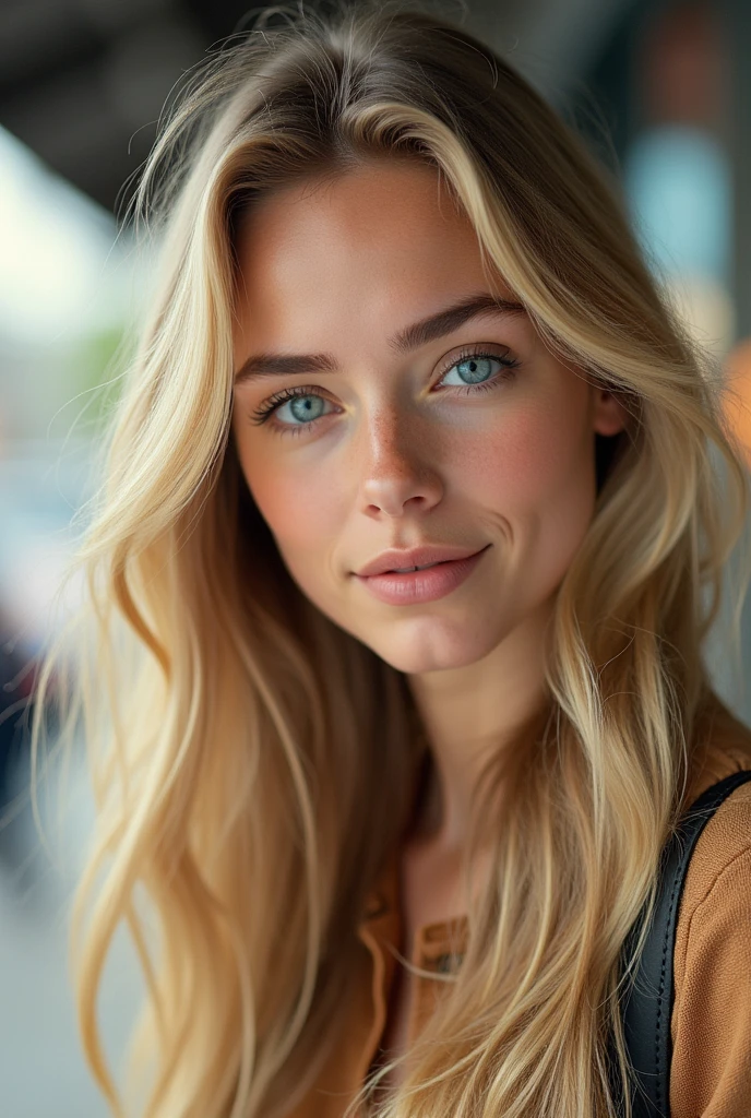 Create a realistic image of a 20 year old woman, longs cheveux blonds, Yeux bleu-vert faisant du shopping