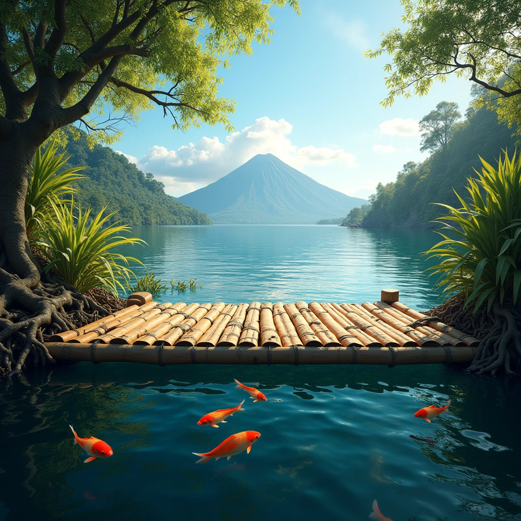 (photorealism:1.2)Une photo d'une plateforme carrée en bambou qui flotte sur le lac Atitlan. La moitié de la photo est sous l'eau et on voit des poissons qui nagent au milieu de racine Des plantes qui sont sur la plateforme. La plateforme fait 6x6 m et est recouverte de plantes luxuriante