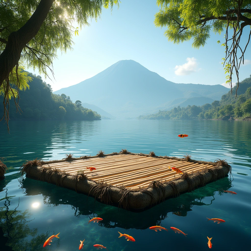 (photorealism:1.2)Une photo d'une plateforme carrée en bambou qui flotte sur le lac Atitlan. La moitié de la photo est sous l'eau et on voit des poissons qui nagent au milieu de racine Des plantes qui sont sur la plateforme. La plateforme fait 6x6 m et est recouverte de plantes luxuriante