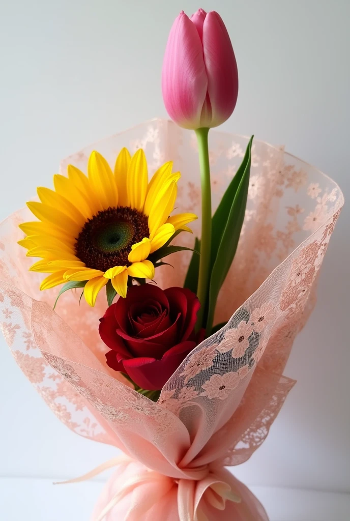 A Bouquet wrapping with only one sunflower only one rose, only one tulip. Just one each flower. Make the wrapping more beautiful. Make the tulip taller. Do not include fillers. Arrange flower neatly