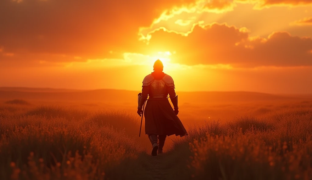 A highly realistic, high-contrast, 8K HD, detailed, hyper-detailed image of the protagonist, dressed as a Crusader knight, walking towards the viewer across a vast grassland illuminated by the warm glow of a fiery sunset. The protagonist is wearing a Crusader's armor, with the helmet removed, revealing his determined and strong face. The sky is ablaze with hues of orange and red, casting a dramatic light over the scene. The atmosphere is calm yet powerful, capturing the quiet resolve of the protagonist as he strides forward, his armor reflecting the soft, golden light of the setting sun. The image is of the highest quality, with ultra-high resolution, RAW photo quality, and Unreal Engine rendering, showcasing the protagonist as he moves with purpose across the sunset-lit grassland.
