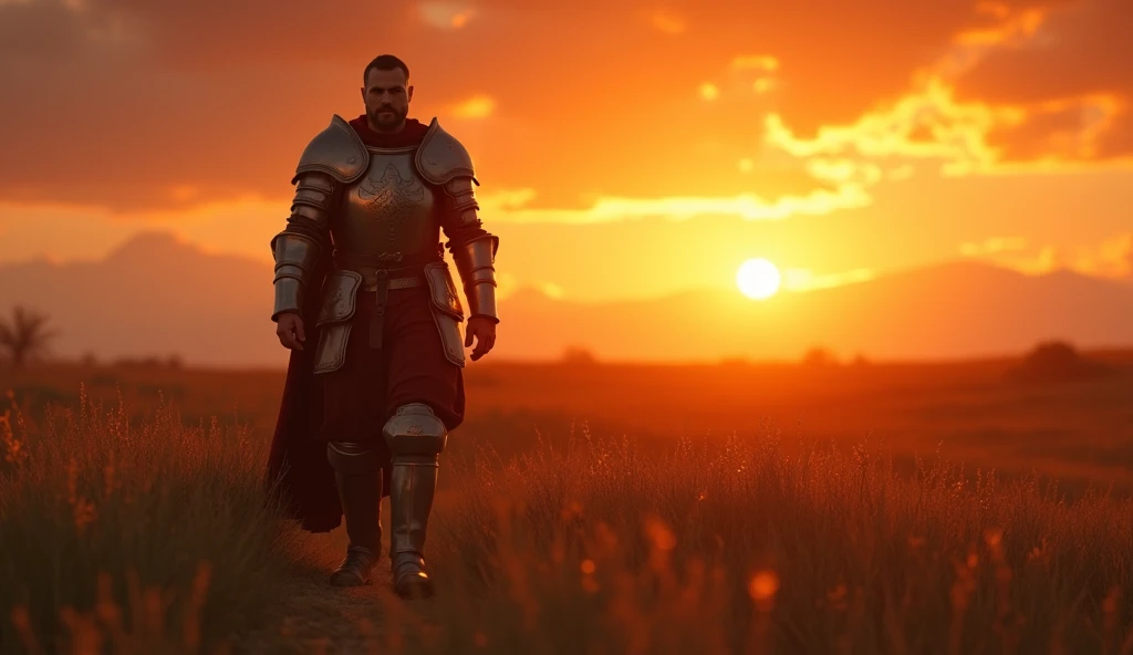 A highly realistic, high-contrast, 8K HD, detailed, hyper-detailed image of the protagonist, dressed as a Crusader knight, walking towards the viewer across a vast grassland illuminated by the warm glow of a fiery sunset. The protagonist is wearing a Crusader's armor, with the helmet removed, revealing his determined and strong face. The sky is ablaze with hues of orange and red, casting a dramatic light over the scene. The atmosphere is calm yet powerful, capturing the quiet resolve of the protagonist as he strides forward, his armor reflecting the soft, golden light of the setting sun. The image is of the highest quality, with ultra-high resolution, RAW photo quality, and Unreal Engine rendering, showcasing the protagonist as he moves with purpose across the sunset-lit grassland.
