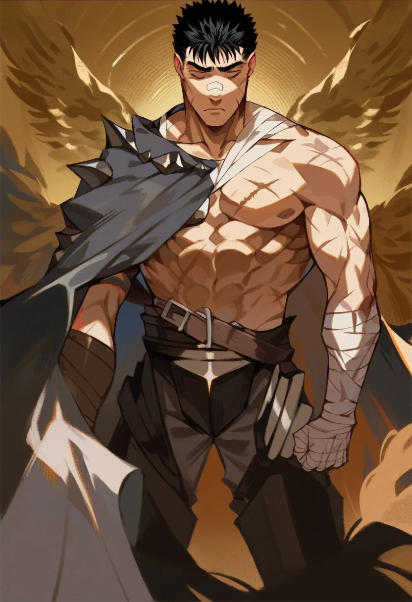 Dark Angel Wings，a muscular man in black armor with bandages, facing the viewer, with manly features, scars and wounds, smooth skin, sharp focus, illustration，guts \(berserk\)