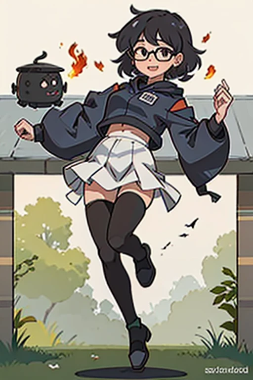 android, beautiful robot. Her curly short black hair is very short like army man, big smile, middle age, joint seam, black eyes, full body figure, Height: 160cm, She wears only micro mini pantie, show pantie, Uplifting, 21th century japan animation, she wares metal flame glasses.