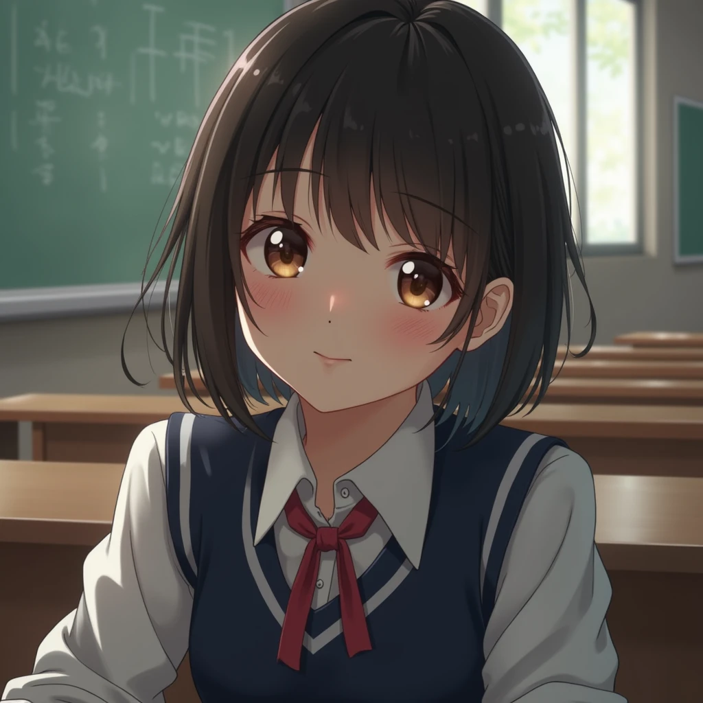 best quality, face focus, soft light, ultra high res, (photorealistic:1.4), RAW photo, 1japanese girl, 独奏, cute, (shy smile:0.5), (brown eyes, lights in the eyes), detailed beautiful face, (small chest),(high resolution detail of humaorealistic:1.4), RAW photo, 1japanese girl, 独奏, cute, (shy smile:0.5), (brown eyes, lights in the eyes), detailed beautiful face, (small chest),(high resolution detail of human skin texture), (short bob hair), BREAK, in classroom,navy school uniform, Vest, Completely naked