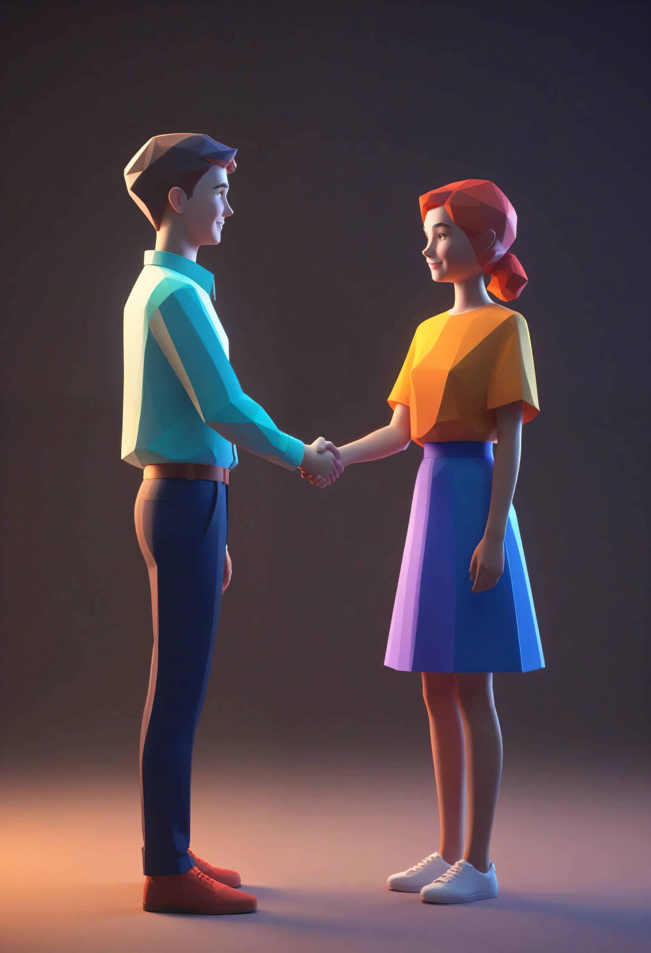 lowpoly young man and girl shaking hands, lowpoly, shaking hands, cinematic lighting, octane render, epic realistic, low poly count, full body