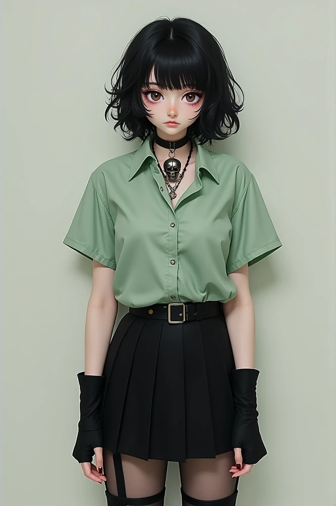 The girl had black hair, short, Wavy; slanted brown eyes; white; stomach 1,75; slightly big breasts; she wore a pastel green shirt, loose hair, black skirt, black but slightly transparent and long stockings, gothic boots, long black fingerless gloves and a skull necklace; s