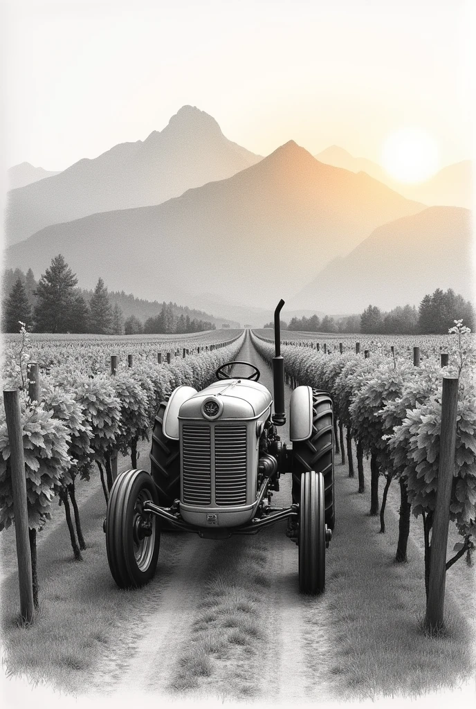 Pencil drawing from a distance of a tractor entering a vineyard with mountains in the background and the sun rising between them