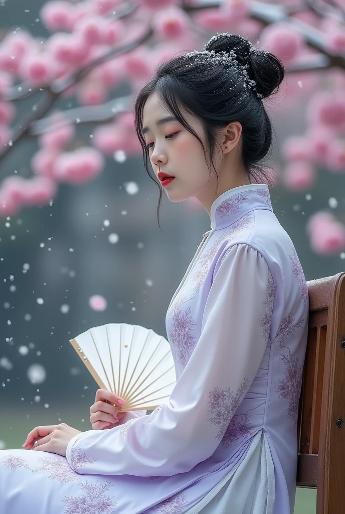 A pale skinned korean girl, full body, slender, , black hair (bun), thin red lips, mole under left brow, a traditional Korean outfit (cheongsam) white and lavender flowers, holding a white fan leisurely and sitting on a wooden chair, small chest, standing under a cherry blossom tree while it's snowing mysteriously, CLEAR IMAGE