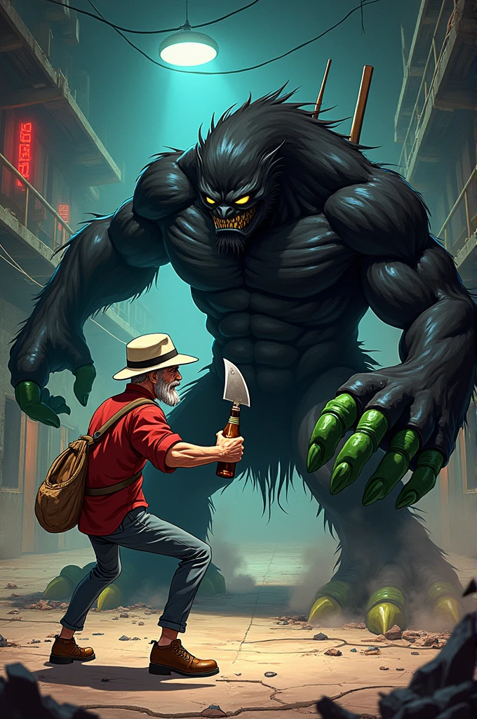 Create an anime-style fight scene between an old man.thin with a white hat and mustache, with a machete , a pool cue on his back,a bottle of beer,against a tall black creature with a white cap and giant green fingers