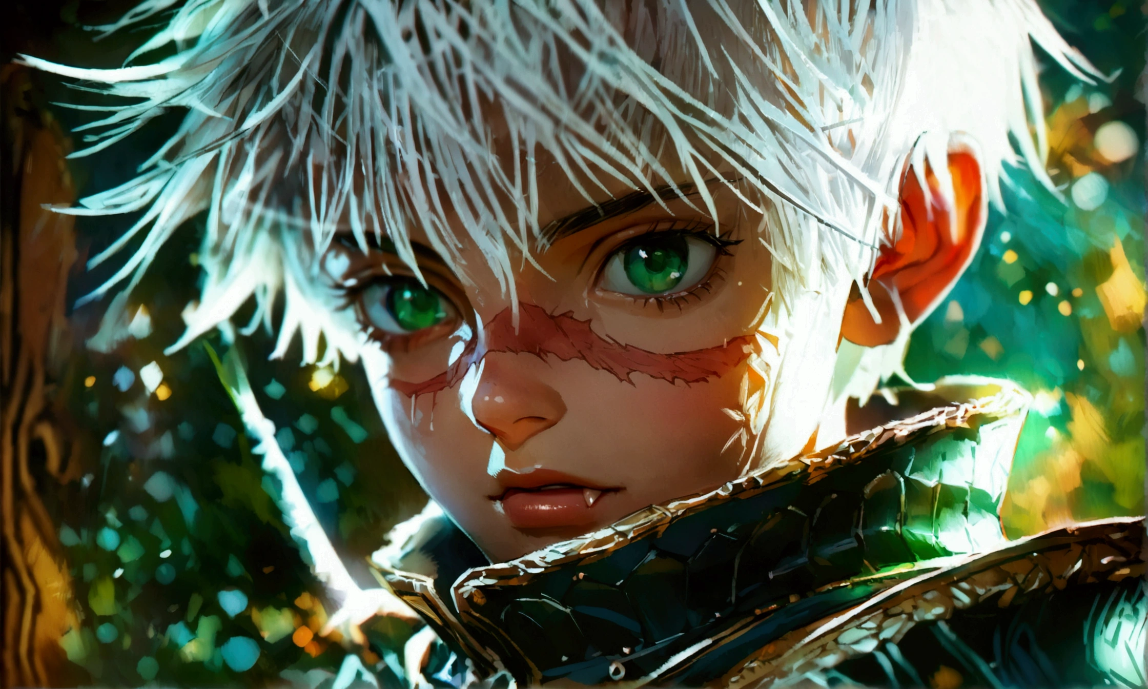 small boy, fairy appearance, white bob hair, dark green eyes, wears medieval armor, fang scar on right eye, ((Intricate anime character design inspired by Jujutsu Kaisen)), ((Stunning lighting)), ((Fine lines)), ((Stunning focus)), ((Stunning face)), ((Detailed focus)), ((Detailed background)), ((Ultra-fine 2D design)), ((Creative scenery)), ((2D masterpiece)), ((Best quality), ((8K)), ((Anime style))