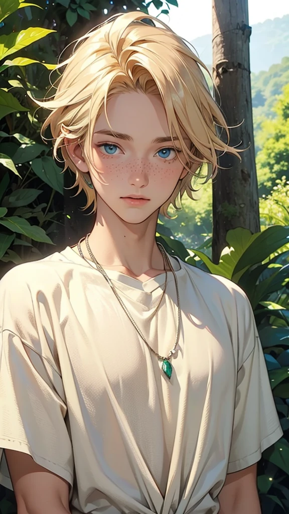 A tanned blonde boy with blue eyes and freckles wearing a necklace, as I said, an emerald, and with a forest in the background. 