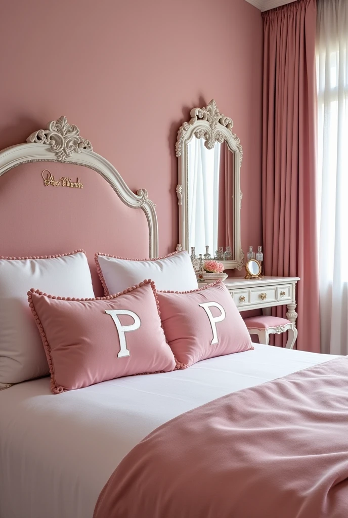 A pink room with a dressing table, a king-size bed with pink pillows with the letter P, white and pink velvet cushions, a spacious room with the name Patrícia Bittencourt on the headboard.