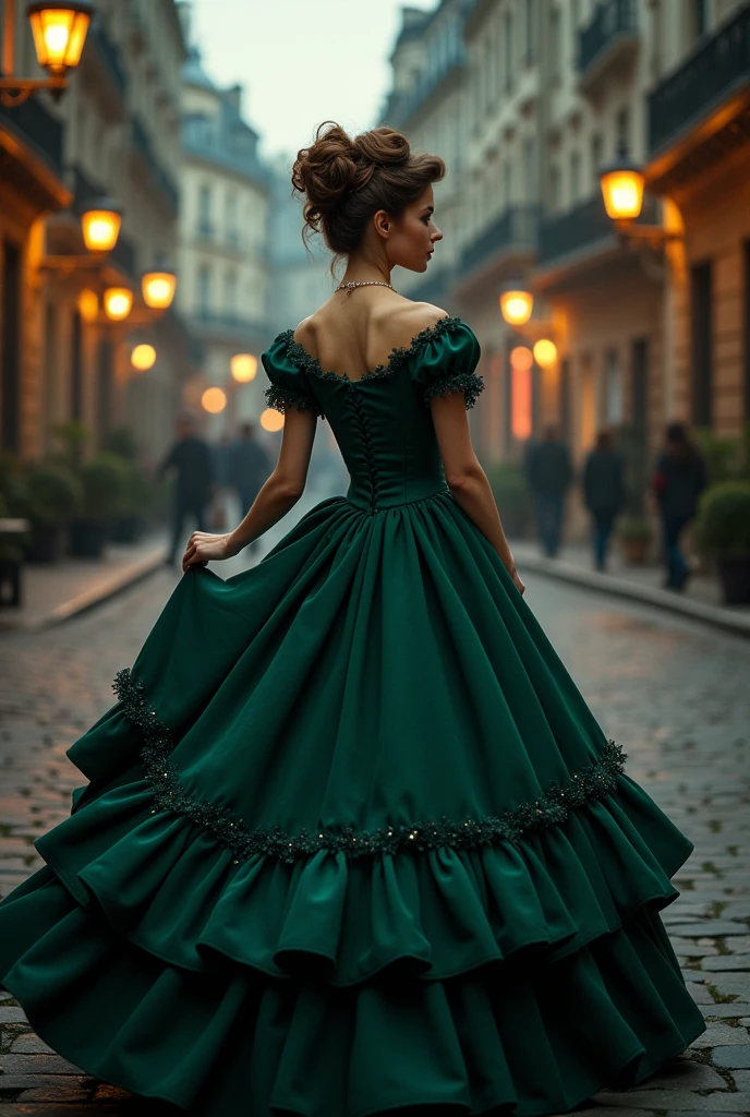 dark Paris green, old-fashioned dress, petticoats, hoop skirt, crinoline, XIX century, Disney princess