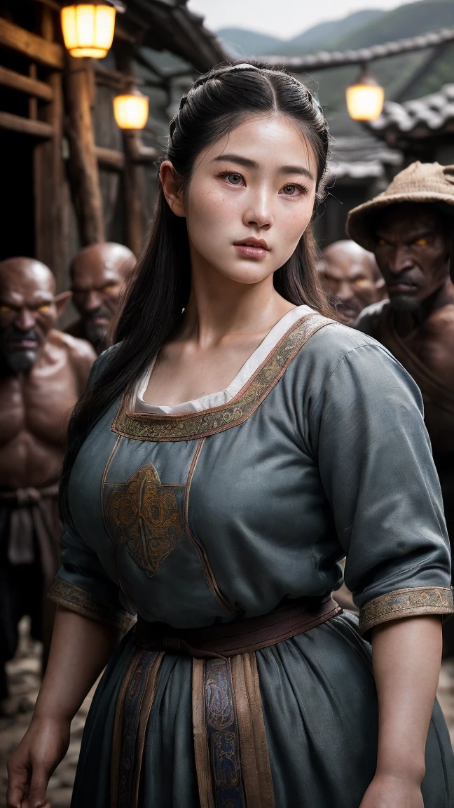 hyper photorealistic, ethereal beauty a cute peasant woman, south korean beauty, small korean village, (42 years), youthful, soft contoured, sweet sweet soft gentle smile, (detailed face and eyeull body portrait,  (extremely sexy), Masterpiece, pleasure, massive breasts, Full figured woman, full body, expression enjoyment, idyllic aura, medieval environment, cinematic lighting, dark smooth hair, slick-back, fine facial traits, fleshy-slim physique, (depth of field), ultra detailed, cinematic, surrounded by goblins, 