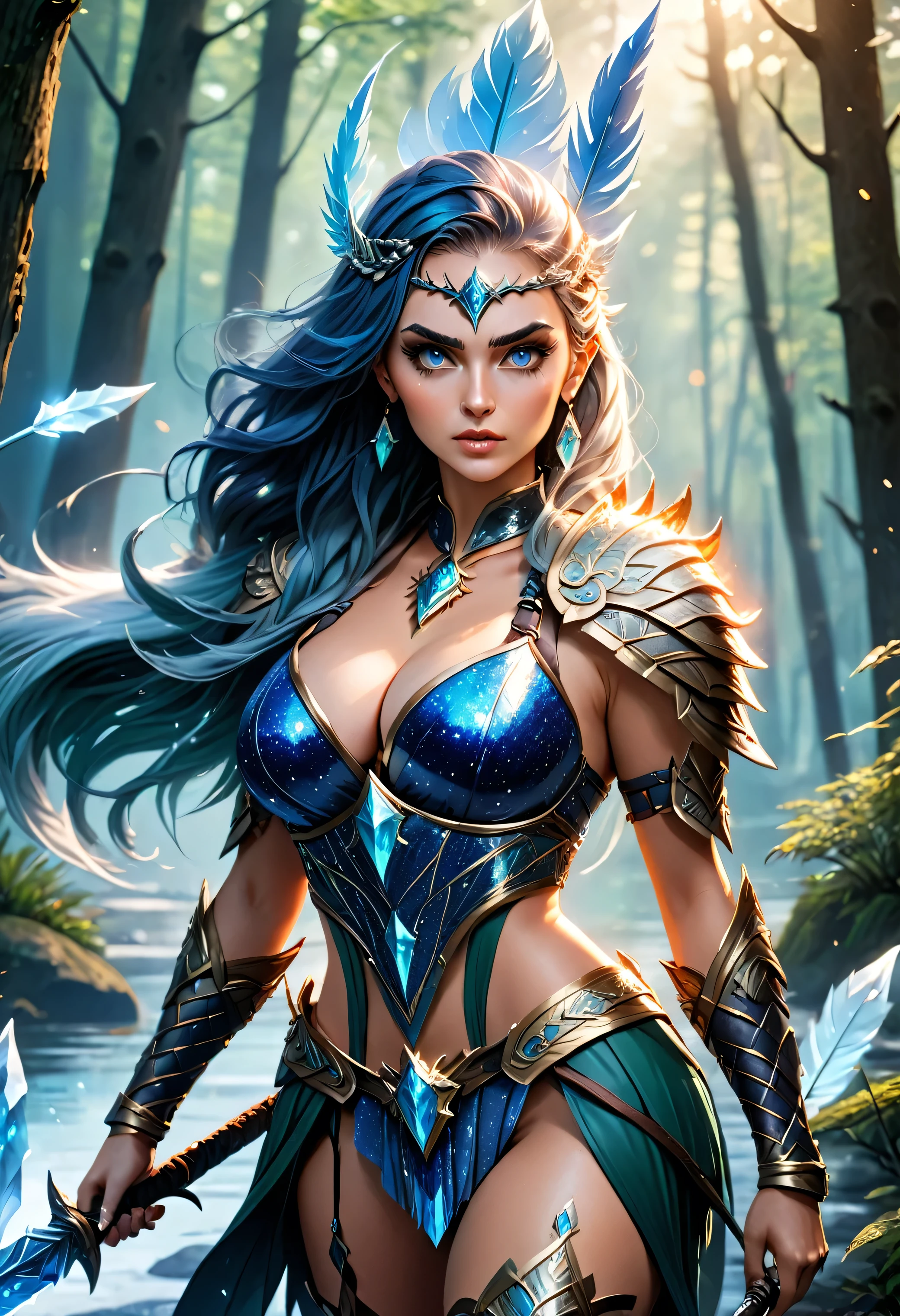 (masterpiece), anime style, wide eyes, 1 girl, Ice and fire hair female-focused, blue sparkling outfit, 1 girl, solo focused, dynamic lighting, UHD, crystal clear color eyes, beautiful sparkle eyes, expressive eyes, Princess Mananoke style cloth, warrior hunter cloths, tattoo, holding, weapon, bone_spear, feather, tribal, forest, nighttime, lake, green shrubs, fantasy animals, blue outfit, leather armor, huge spear, two-handed weapon, adult female, thick thighs, big breasts, cleavage, thighs, traditional beads in hair, braided hair, long hair
