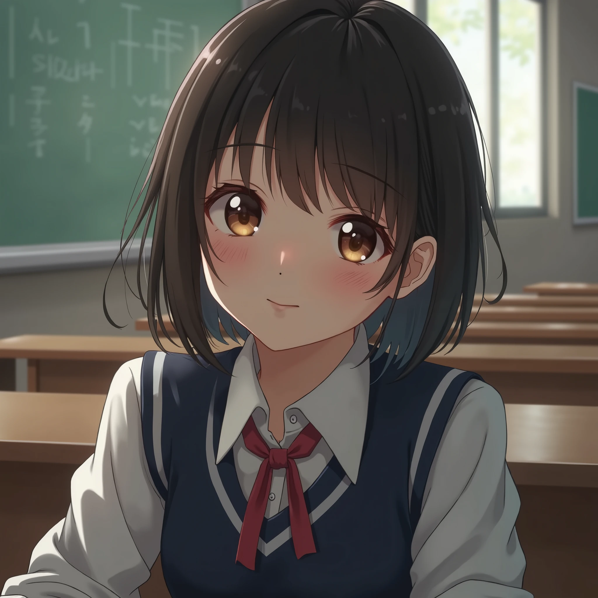 best quality, face focus, soft light, ultra high res, (photorealistic:1.4), RAW photo, 1japanese girl, solo, cute, (shy smile:0.5), (brown eyes, lights in the eyes), detailed beautiful face, (small chest),(high resolution detail of humaorealistic:1.4), RAW photo, 1japanese girl, solo, cute, (shy smile:0.5), (brown eyes, lights in the eyes), detailed beautiful face, (small chest),(high resolution detail of human skin texture), (short bob hair), BREAK, in classroom,navy school uniform, Vest, Completely naked