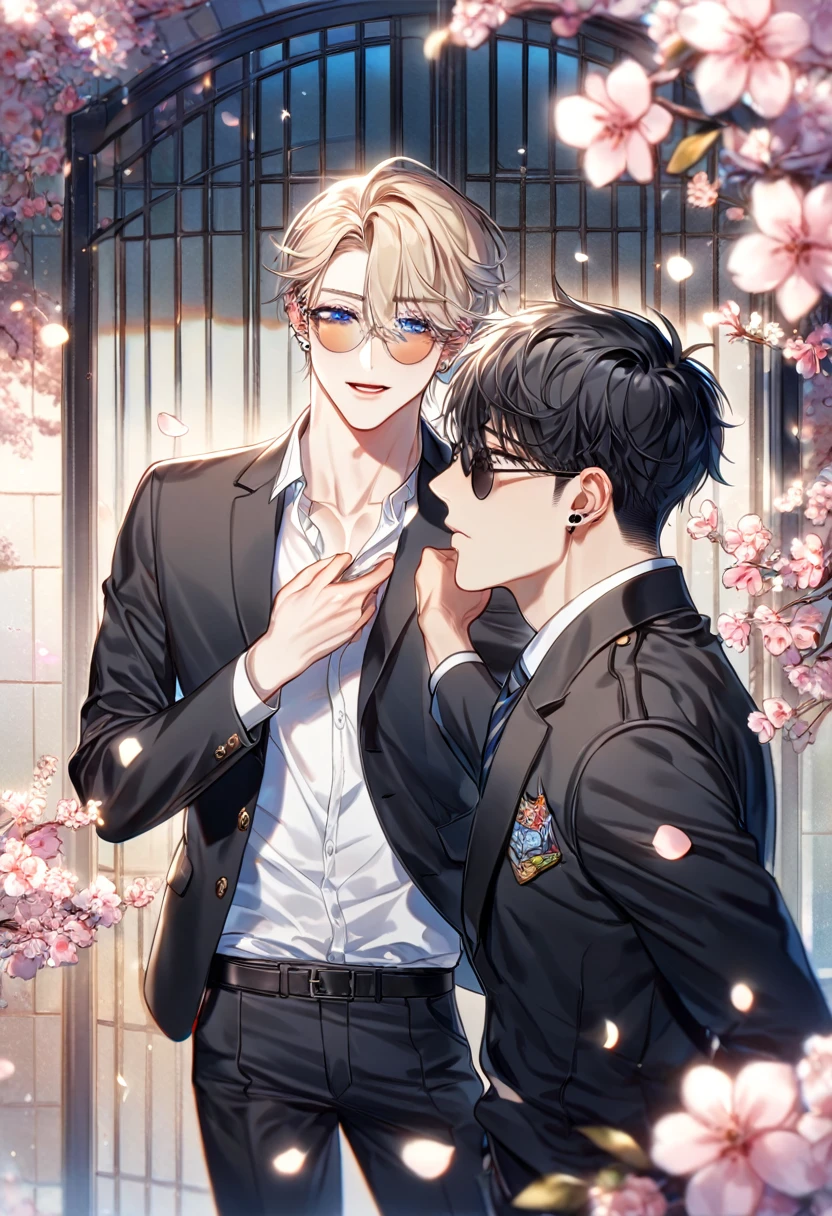 absurdres, highres, ultra detailed, HDR, master piece, best quality, extremely detailed face, delicated features, Kang Woojin, black hair, messy hair, expressive dark blue eyes, Love Jinx, Lim Haegyung, ash-blonde hair, expressive blue eyes, two sexy men together, yaoi, gay couple, handsome, sensual, uniform, black round sunglasses, black jacket, white shirt, unbuttoned, black piercings, black pants, cherry blossoms, pink flowers, pink butterflies, pink petals, school, school gate