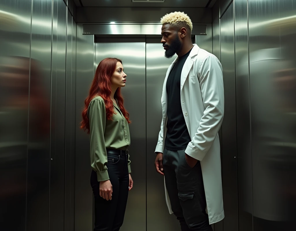 Very short Caucasian woman, wary expression, vibrant maroon side-parted long wavy hair, soft green silk blouse, low-rise black pants, black boots, standing in elevator, towering over her is a 216 cm tall Arab man with platinum blond wavy swept-back crew cut, dark skin, long black stubble, wearing a white lab coat, black t-shirt, black cargo pants, black boots, cinematic lighting.