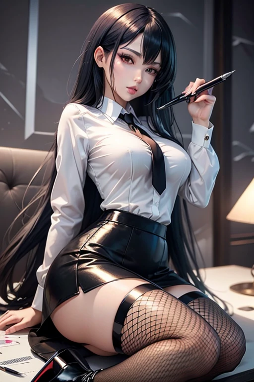 anime 2dfd findom business woman with long black hair, wearing a miniskirt, high heels, fishnet tights and a white sexy blouse, biting on a pen