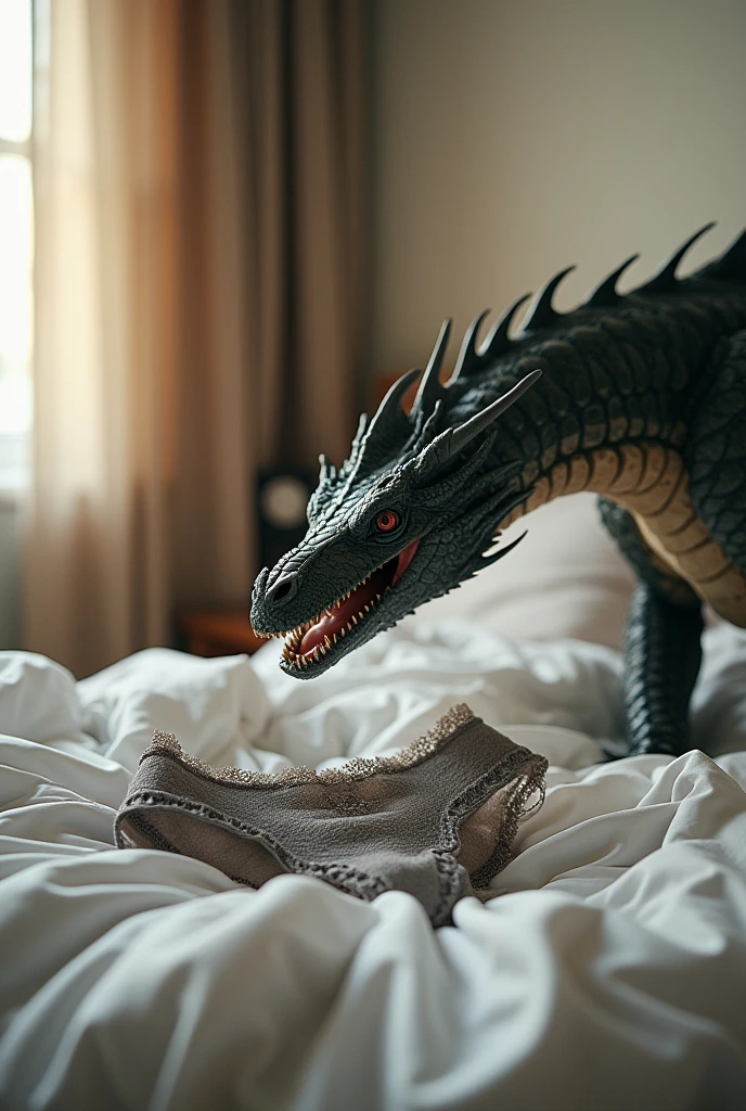 create a photo of a bed with the sheets unmade, A grey silk lace panty on the bed and a dragon paw going to grab the panty