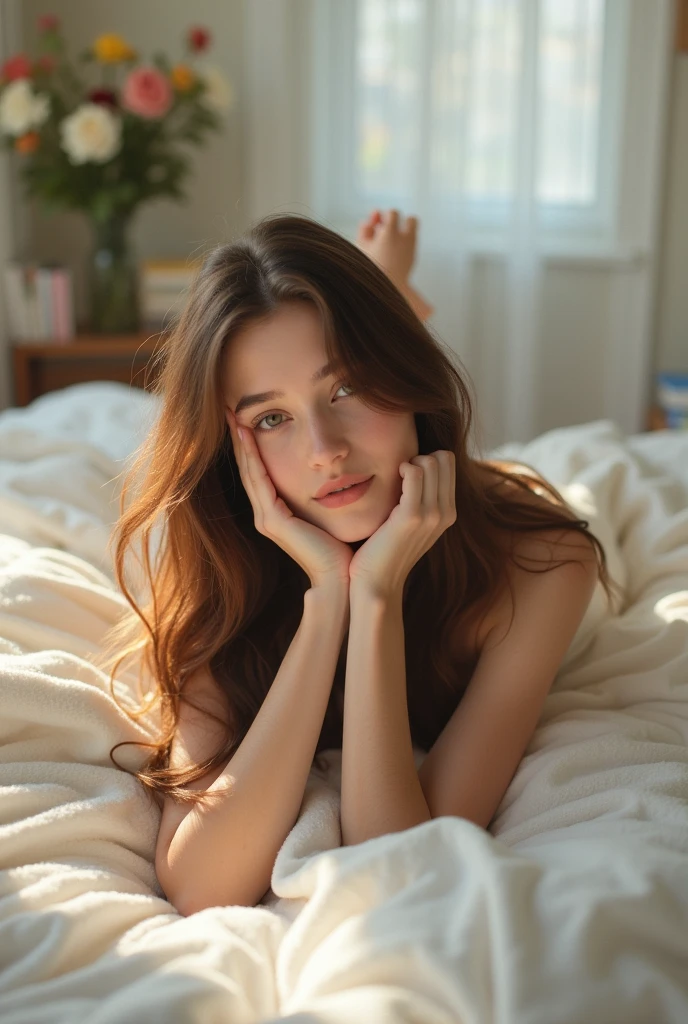 Girl laying down in bed fully naked 
