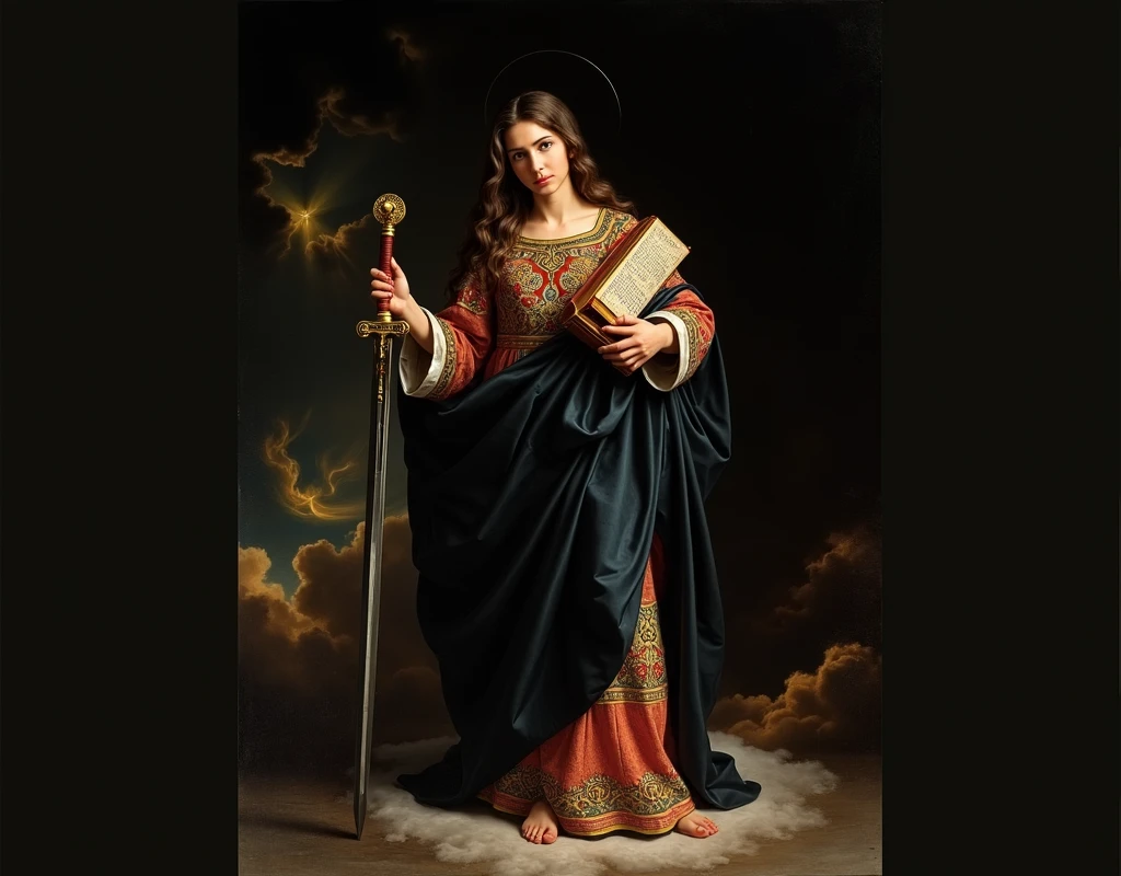 Saint Catherine of Alexandria holding a sword and a book as the patron saint of philosophers in the Baroque style.