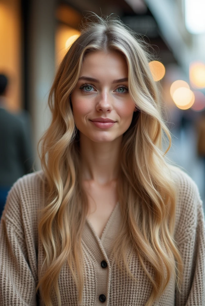 Create a realistic image of a 20 year old woman, longs cheveux blonds, Yeux bleu-vert faisant du shopping
