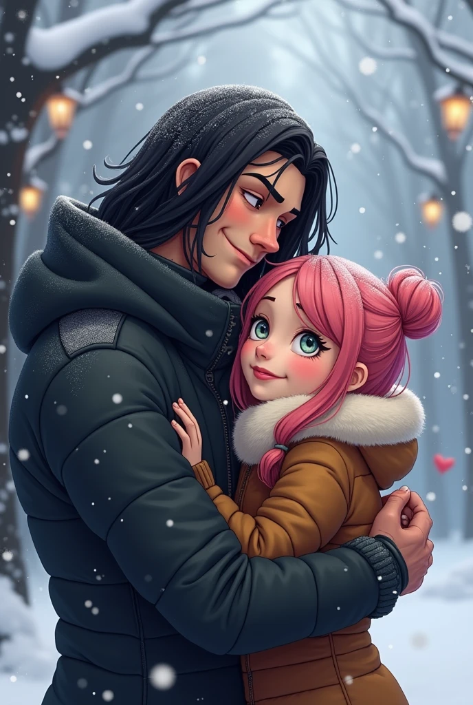 two men with different heights, big man and small man, man with long black hair, man with pink hair and white eyes man hugging, A detailed face, Happy expression on face, yuki, winter, lovers, cute boy and handsome boy
