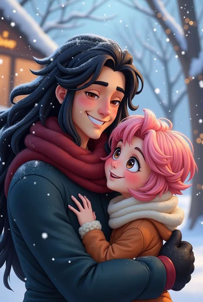 two men with different heights, big man and small man, man with long black hair, man with pink hair and white eyes man hugging, A detailed face, Happy expression on face, yuki, winter, lovers, cute boy and handsome boy