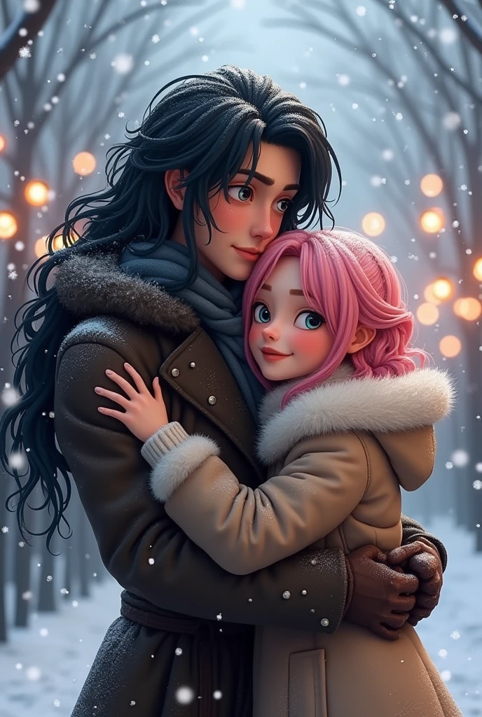 two men with different heights, big man and small man, man with long black hair, man with pink hair and white eyes man hugging, A detailed face, Happy expression on face, yuki, winter, lovers, cute boy and handsome boy