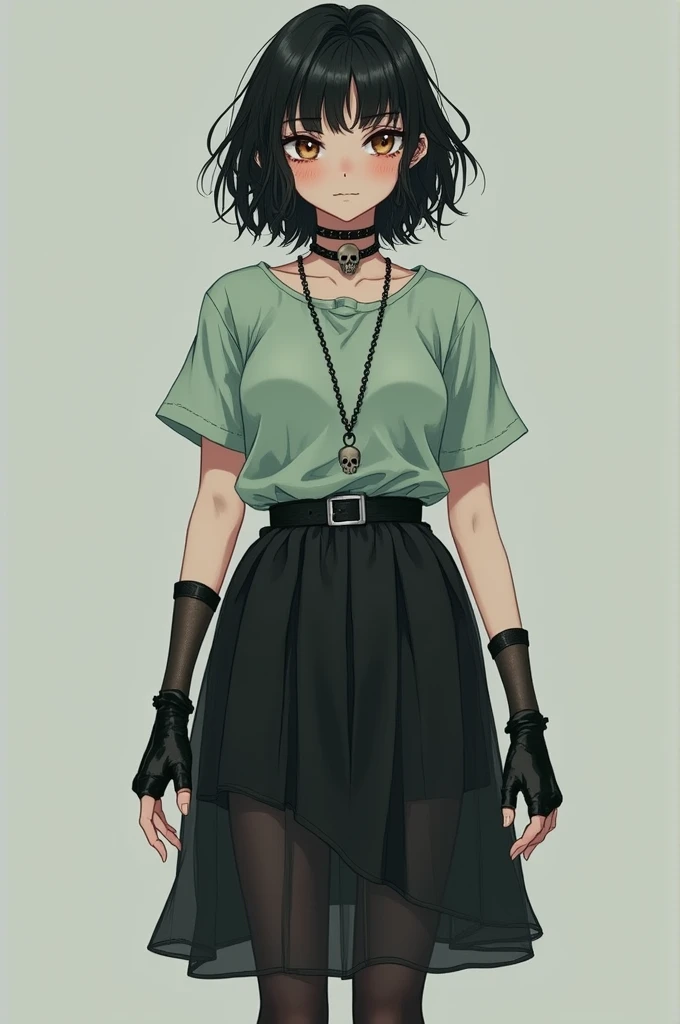 The girl had black hair, short, Wavy; slanted brown eyes; white; stomach 1,75; slightly big breasts; she wore a pastel green shirt, loose hair, black skirt, black but slightly transparent and long stockings, gothic boots, long black fingerless gloves and a skull necklace;  years