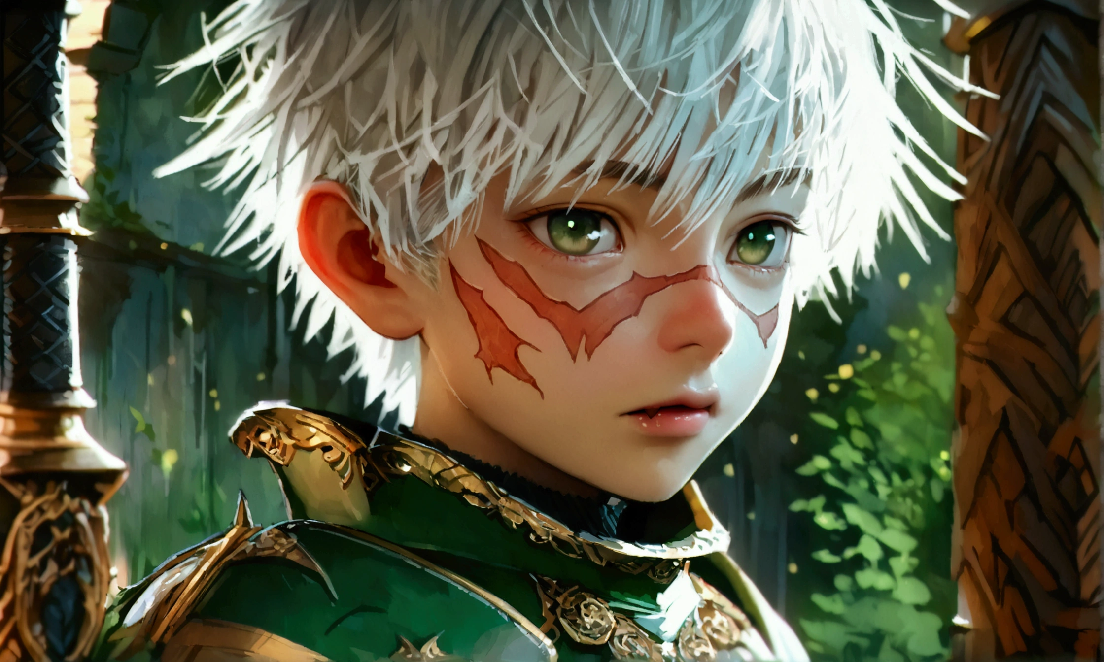 small boy, fairy appearance, white bob hair, dark green eyes, wears medieval armor, fang scar on right eye, pointed nose, round eyes, ((Intricate anime character design inspired by Jujutsu Kaisen)), ((Stunning lighting)), ((Fine lines)), ((Stunning focus)), ((Stunning face)), ((Detailed focus)), ((Detailed background)), ((Ultra-fine 2D design)), ((Creative scenery)), ((2D masterpiece)), ((Best quality), ((8K)), ((Anime style))