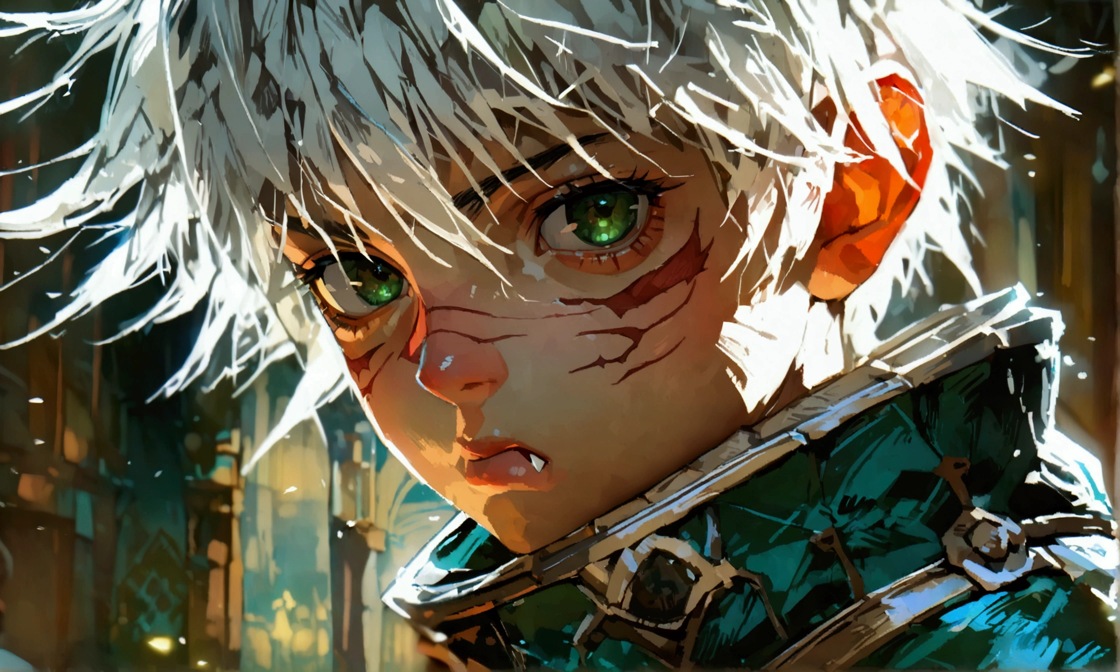 , fairy appearance, white bob hair, dark green eyes, wears medieval armor, fang scar on right eye, pointed nose, round eyes, ((Intricate anime character design inspired by Jujutsu Kaisen)), ((Stunning lighting)), ((Fine lines)), ((Stunning focus)), ((Stunning face)), ((Detailed focus)), ((Detailed background)), ((Ultra-fine 2D design)), ((Creative scenery)), ((2D masterpiece)), ((Best quality), ((8K)), ((Anime style))